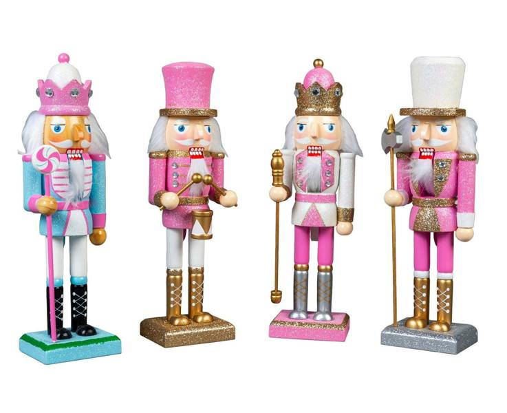 25cm Pink Wooden Nutcrackers Soldiers King Drummer Christmas Ornament 4pcs Set image 1