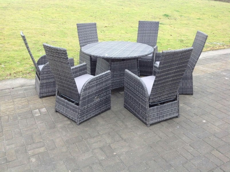 Fimous Dark Grey Mixed Outdoor Wicker Rattan Garden Furniture Reclining Chair And Table Dining Sets 6 Seater Round Table