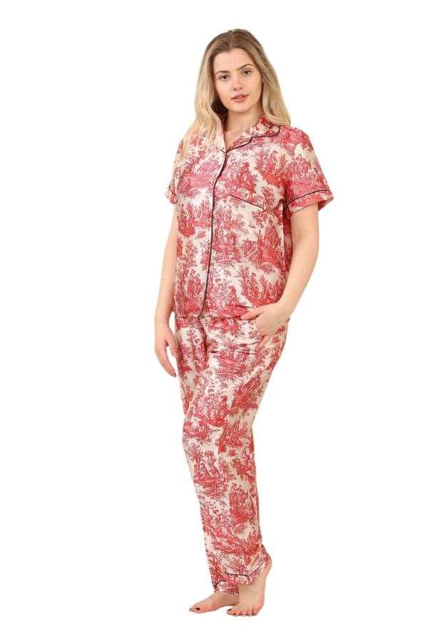 Luxury Satin Toile Print Pyjama Set – Short Sleeve, Button-Up & Pockets - Elaina Fashion