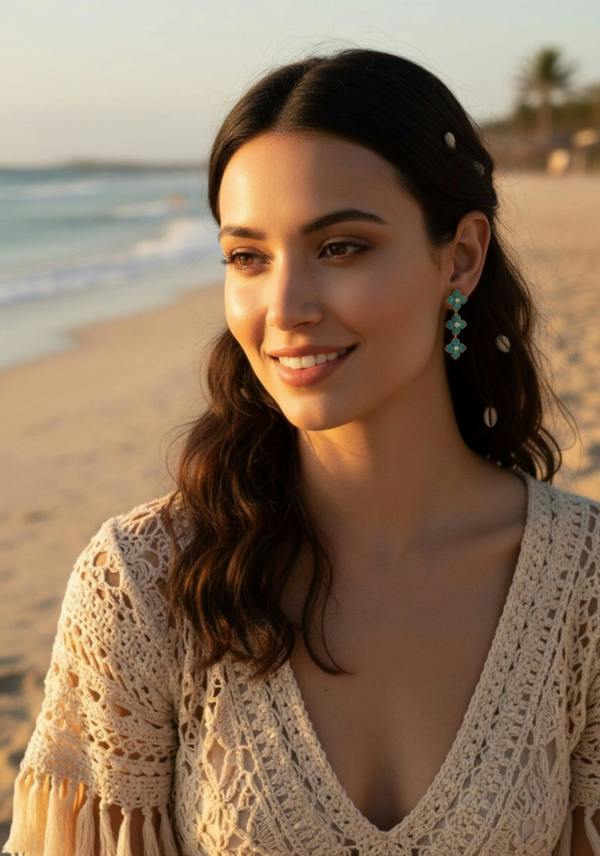Woman on a beach wearing turquoise clover earrings with a scenic background
