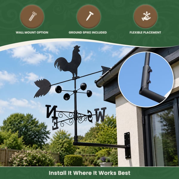 Cockerel Weathervane, All-Steel Black Painted Weather Vane With Wall Fixings and 1.7m Ground Spike, Wind Speed Cups
