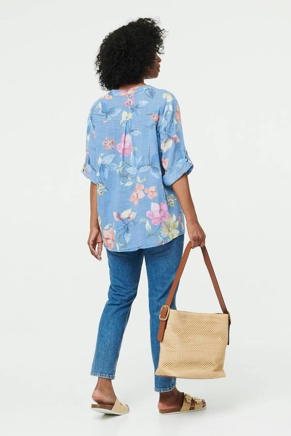 Blue | Floral Curve Hem Turn-Up Sleeve Blouse