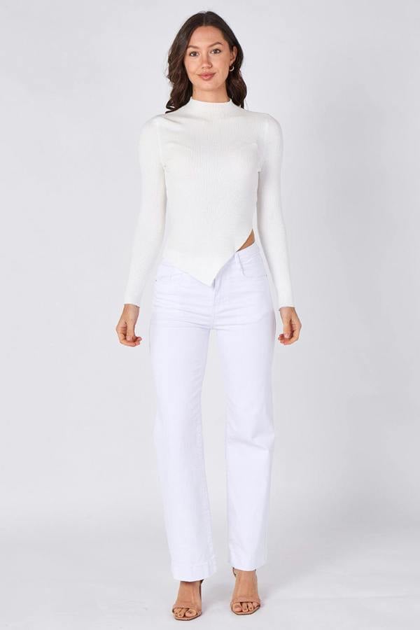 Soft Touch Ribbed Asymmetric Knit Top – White