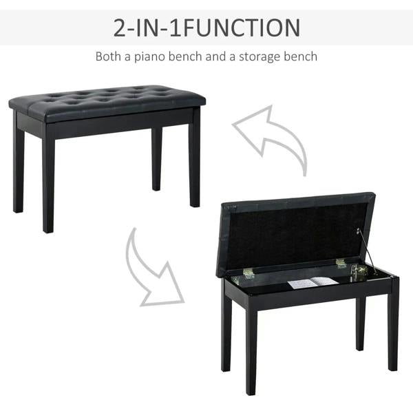 Black upholstered piano stool bench with hinged lid showing interior storage space