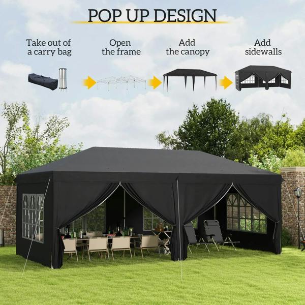 Black pop-up canopy tent with side panels and arched roof, shown in a garden setup