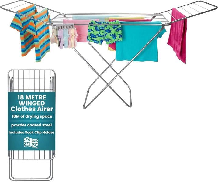 Laundry Mate Extendable Clothes Airer with Sock Clip 18M Drying Space Clothes Horse with Non-Slip Feet - Winged Foldable Laundry Rack