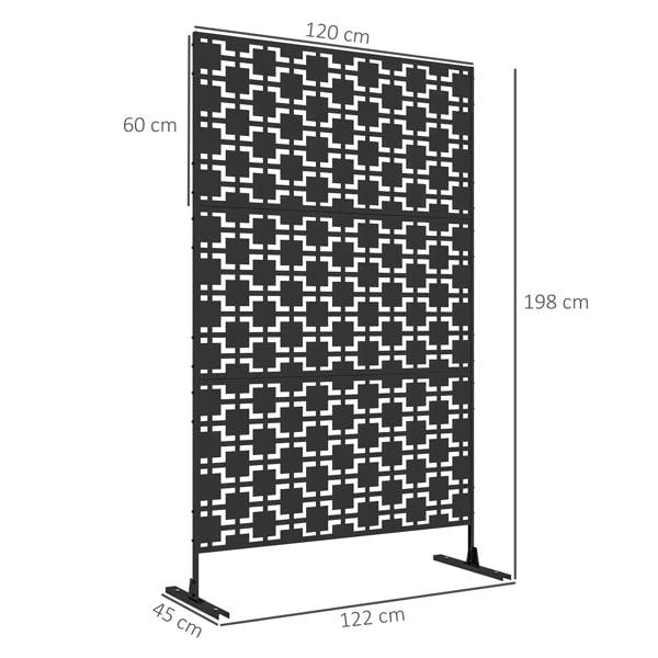 Black metal privacy screen divider with geometric cutout pattern and freestanding frame