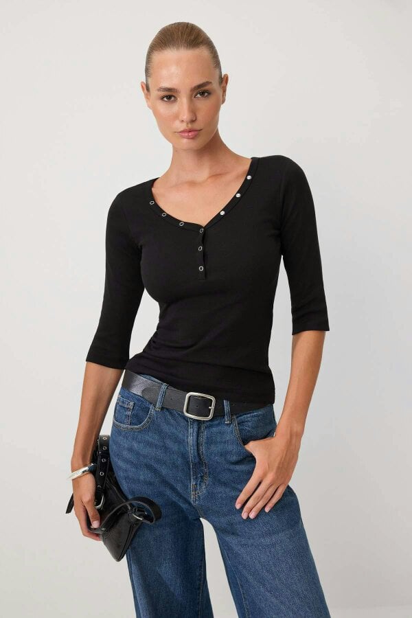 WOVCOR Fitted V Neck Button Front Ribbed Long Sleeve Blouse - Black