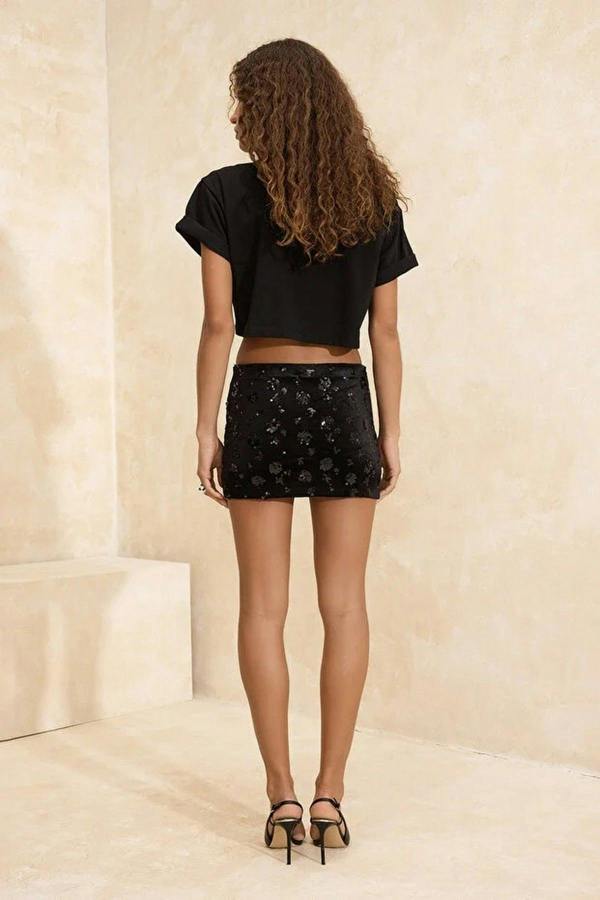 WOVCOR Sequin Velvet Party Super Mini Skirt with Shorts Lined