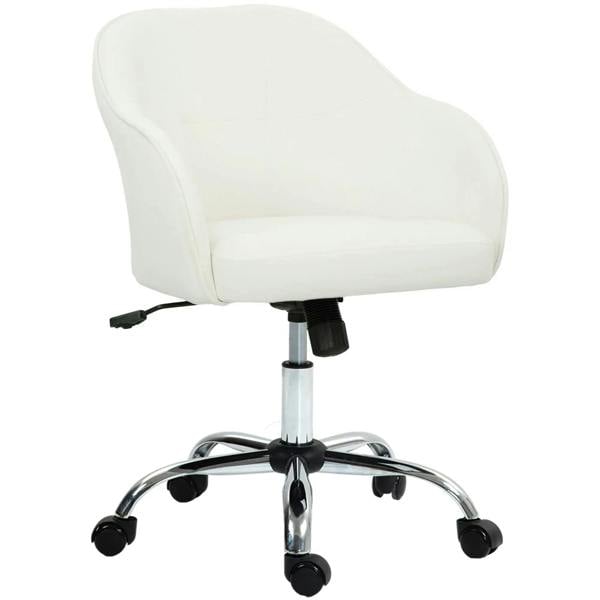 Cream velvet-feel office chair with rounded seat, chrome base, and caster wheels