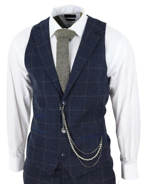 TruClothing Mens 3 Piece Wool Suit Navy Blue Tweed Check Peaky Blinders 1920 Gatsby Formal