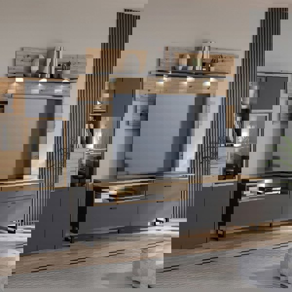 Furniture To Go Klara TV Unit with 1 Drawer 2 Flip Doors in Grey and Oak inc LED Lighting