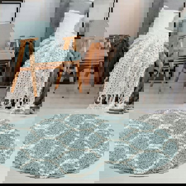 Trellis Design Thick Shaggy Area Rugs Duck Egg Blue