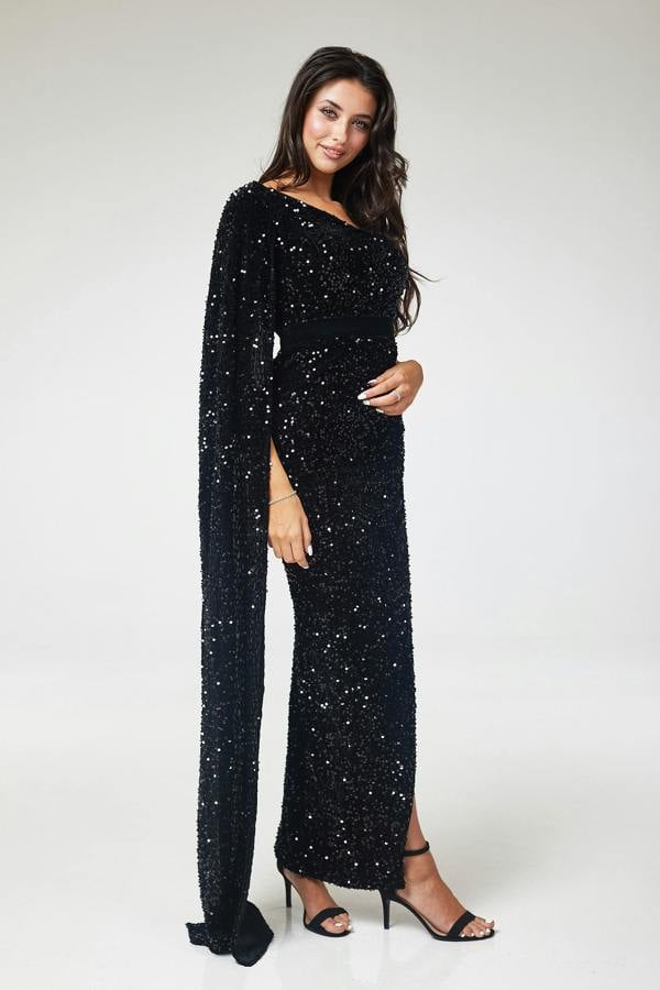 LuvForever Black One Shoulder Drape Sleeve Sequin Maxi Dress