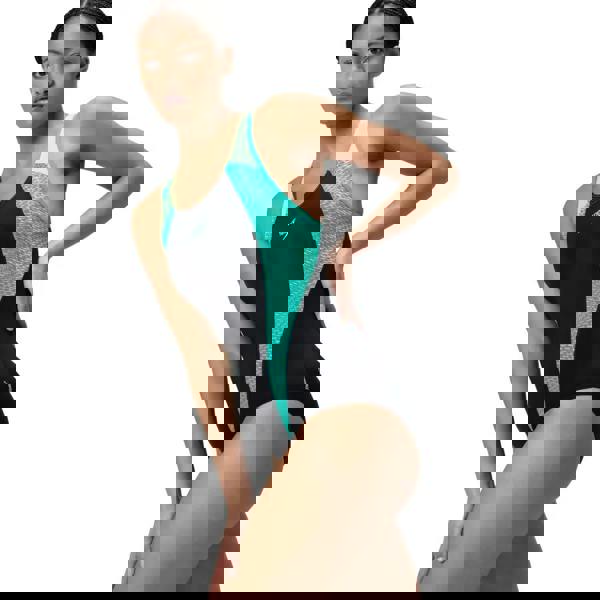 Black and teal Speedo Placement Laneback Swimsuit with textured pattern