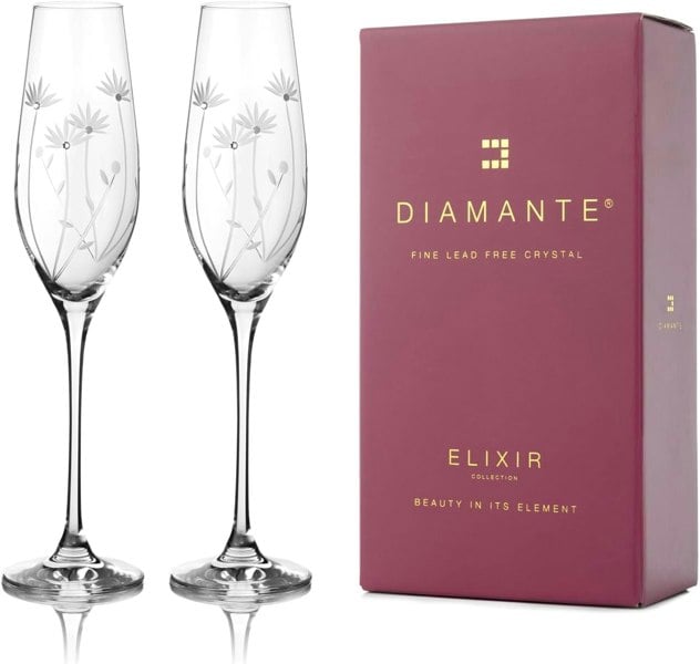 Diamante Crystal Champagne Flutes ‘Bloom’ Pair