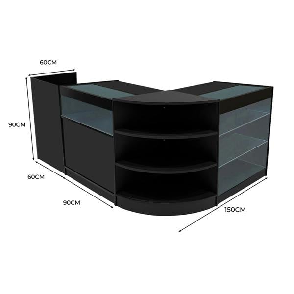 Black Hyperion LED shop counter set featuring curved design, glass shelves, and dimensions of 150cm x 90cm x 90cm