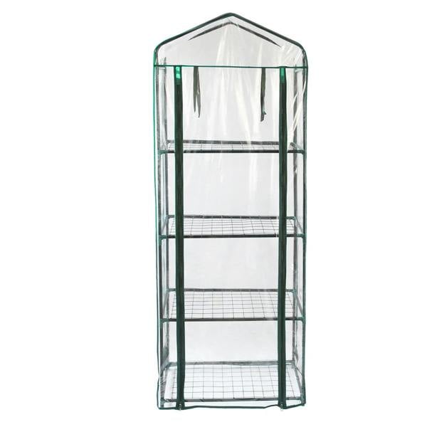 Mini greenhouse with four wire shelves, clear plastic cover, and green frame, ideal for indoor or outdoor plant growth and protection