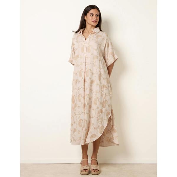 Blue Vanilla Tunic Style Button Front Dress With Paisley Embroidery