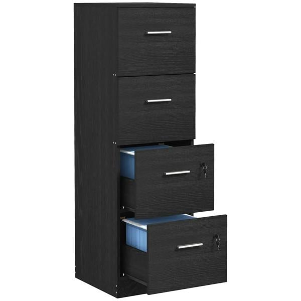 Black wood-effect four-drawer filing cabinet with drawers closed and lock hardware visible