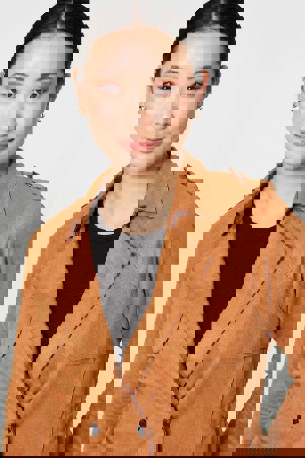 Brown | Suede Texture 3/4 Sleeve Cropped Trench Coat
