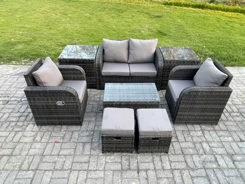 Fimous Outdoor Lounge Sofa Set 6 Seater Rattan Garden Furniture Set with Rectangular Coffee Table 2 Small Footstools 2 Side Tables Dark Grey Mixed
