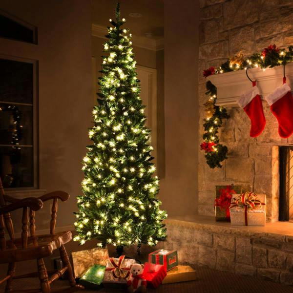7ft Green Pre-Lit Slim Pencil Christmas Tree with Warm White LEDs, Metal Stand and PVC Branches image 6