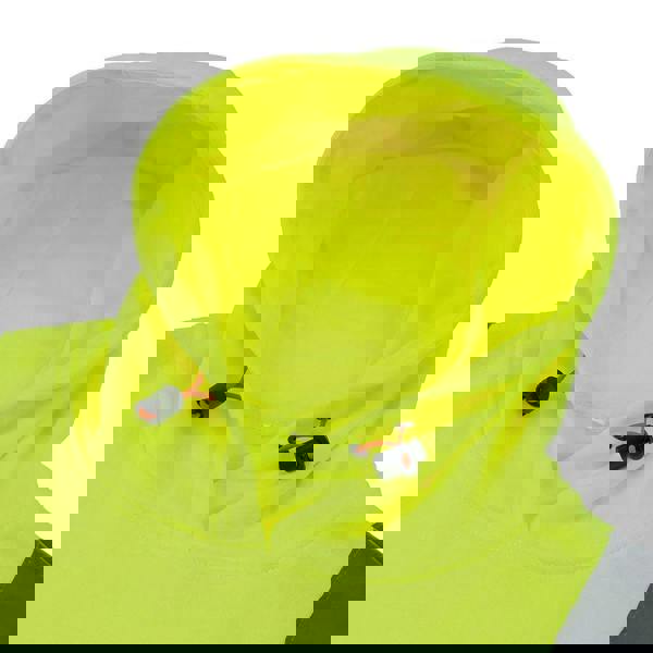 Scruffs High Visibility Mens Hi-Viz Work Pull Over Hoodie, bright yellow high visibility hoodie with adjustable drawstrings and a hood designed for safety and visibility in work environments.