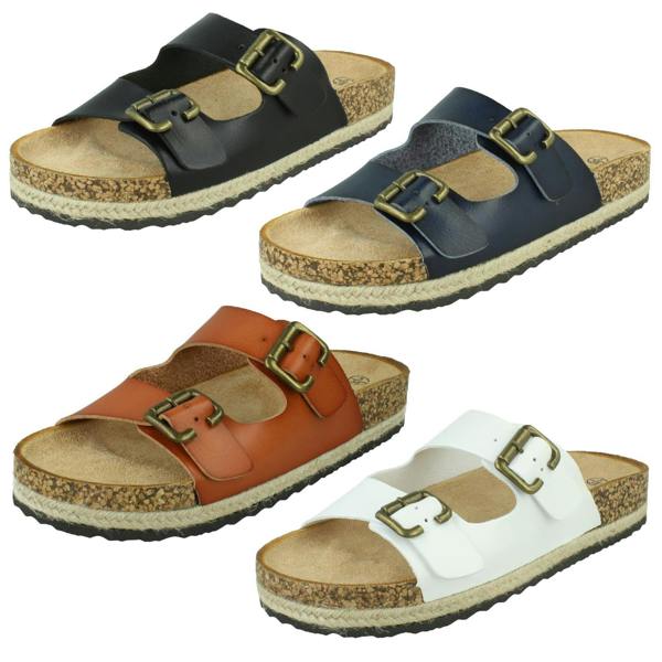 Down to Earth Ladies Down To Earth Twin Buckle Strap Sliders Sandals F12086