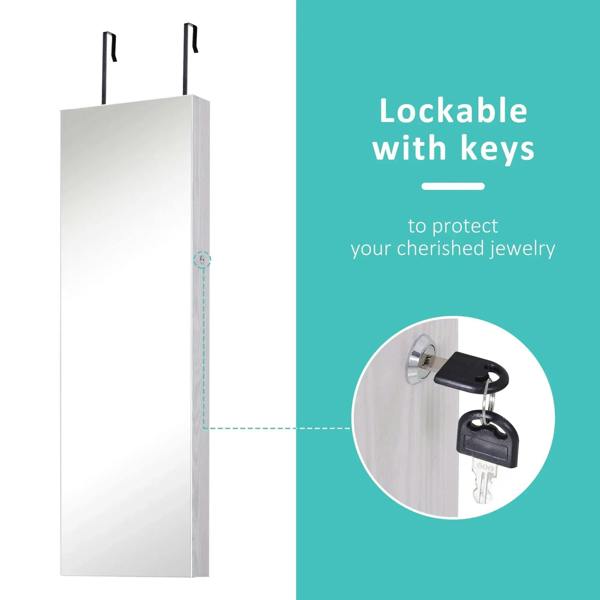 White lockable jewelry cabinet door with key lock hardware and tall standing frame.