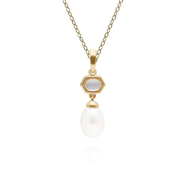 270P030602925 Modern Pearl & Moonstone Hexagon Drop Pendant in Yellow Gold Plated Silver 1