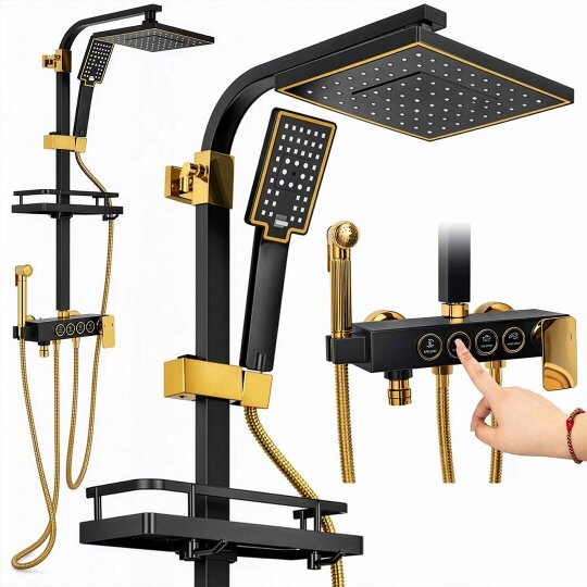 Havendro Exposed Shower mixer Taps Black Bathroom Twin Head Square Bar set Wall Mounted