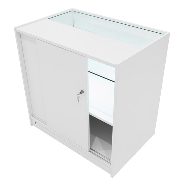 Harmonia LED shop counter set in white, featuring a sleek design, glass display top, sliding door, and interior lighting for showcasing products