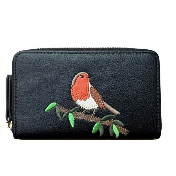 Fores Collection Embroidered Robin on Branch Zip-Around Card & Coin Purse