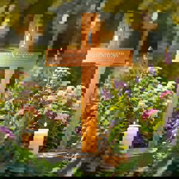 Memorials Direct Personalised Mahogany Memorial Cross, Candle – Durable Wooden Grave Marker for Outdoor Use