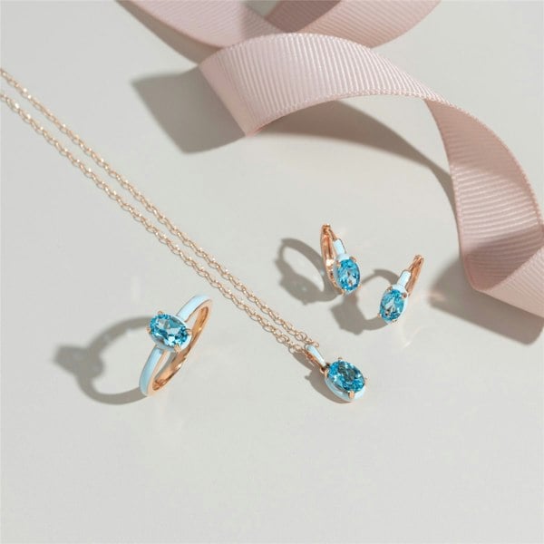 Gemondo Siberian Waltz Blue Enamel & Oval Sky Blue Topaz Hoop Earrings In Rose Gold Vermeil