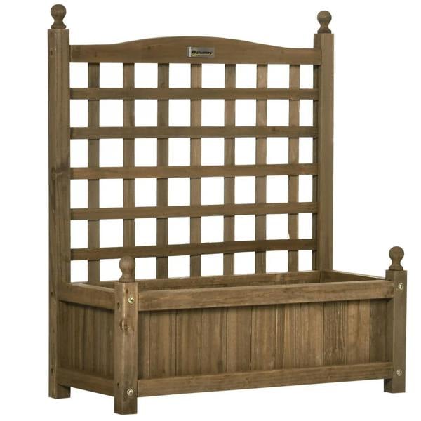 Brown wooden raised planter with trellis back panel and open top planter box