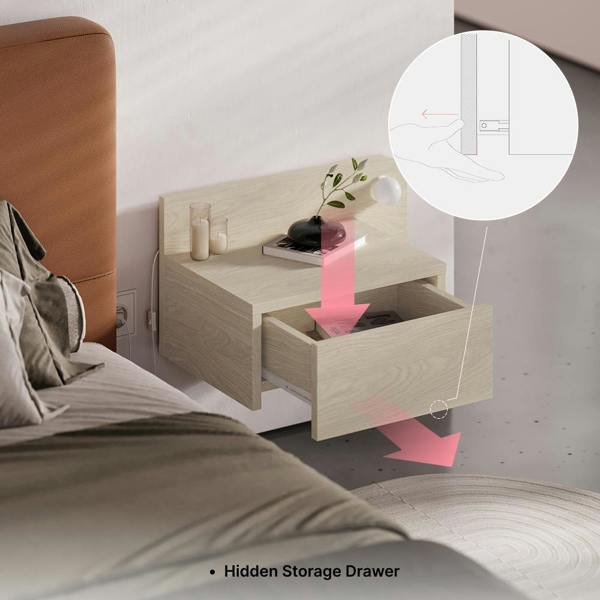 Decortie Floating Bedside Table with Drawer, LED Light in 3-Tones 33.5cm Wall-mount Bedroom Storage Unit