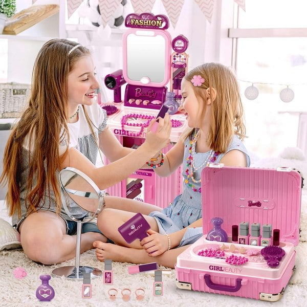 deAO Toys Girls Makeup Table & Suitcase – Portable Vanity Play Set with Light, Music & Accessories, Pretend Makeup Kit for Kids 3+, Great for Travel