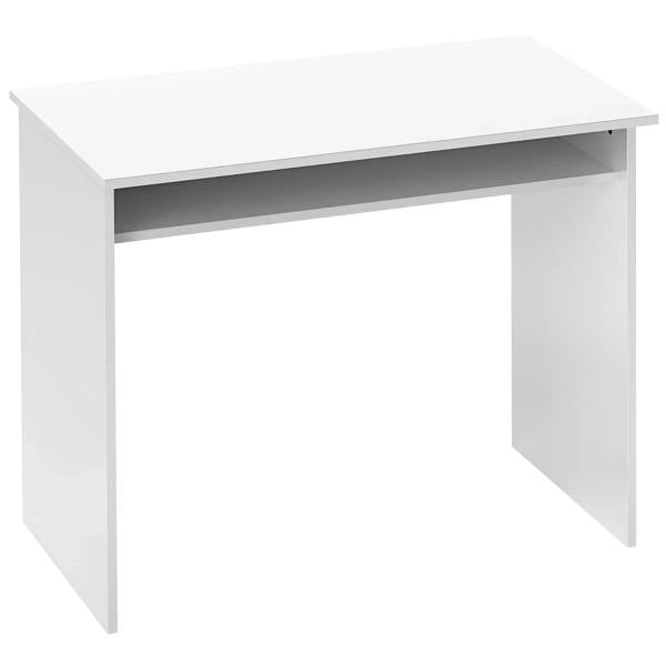 High-gloss white computer desk with open storage shelf and straight legs