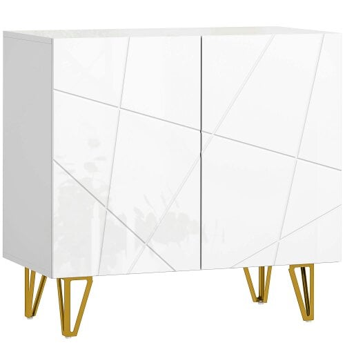 Wyld Haus Diro High Gloss White Geometric Pattern Sideboard With Gold Hairpin Legs
