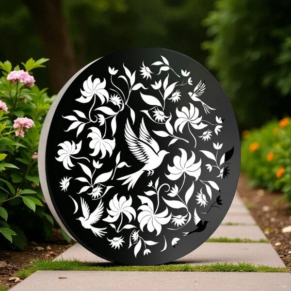 EDH Door Hardware Round Solar Wall Panel with Birds, Outdoor Metal Wall Art with LED Light, Weatherproof Garden & Patio Décor