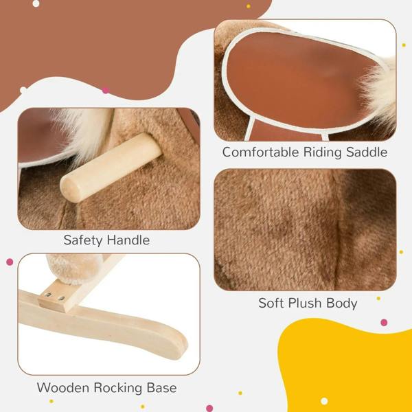 Brown plush rocking horse with wooden rocking base, safety handle, and saddle