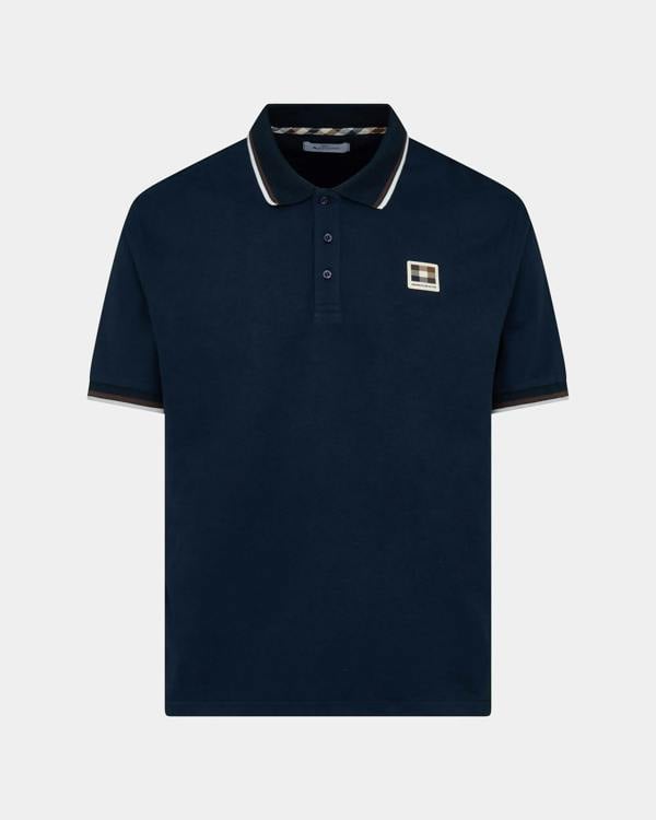 Aquascutum Mens Stretch Piquet Tipped Badge Polo Shirt - Navy 11