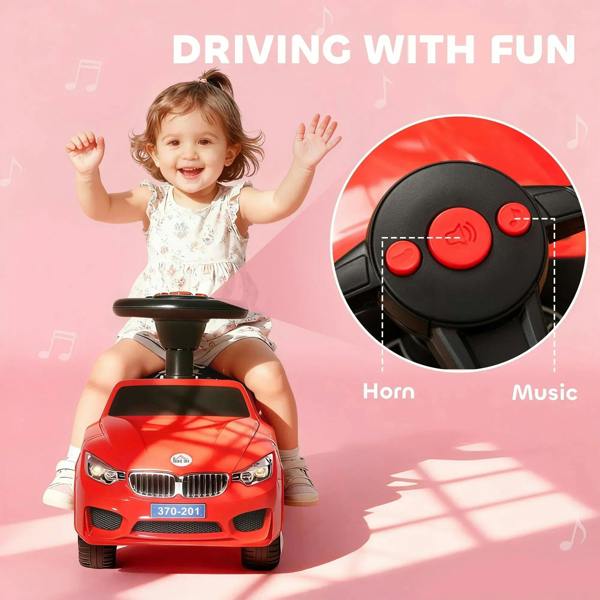 Red ride-on car walker with black steering wheel, child seated, front view