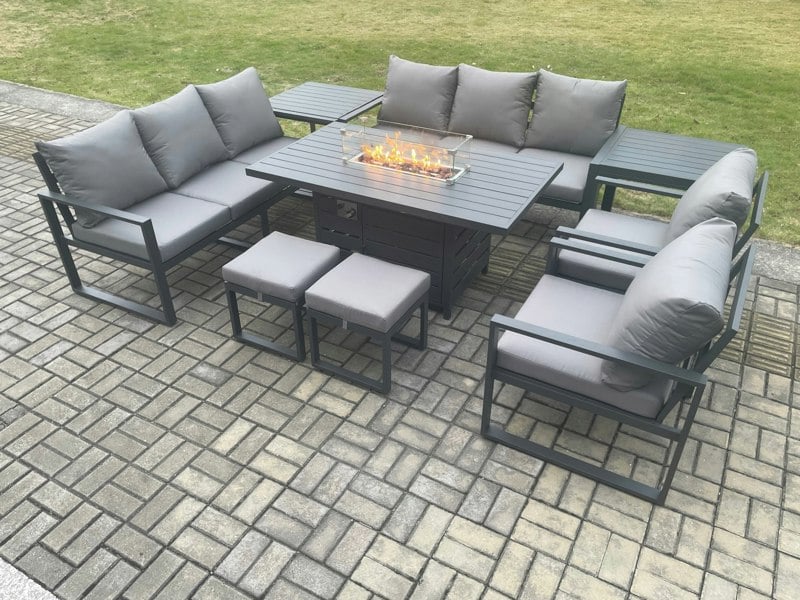 Fimous Aluminium Outdoor Garden Furniture Set Patio Lounge Sofa Gas Fire Pit Dining Table Set with 2 Small Footstools 2 Side Tables Dark Grey