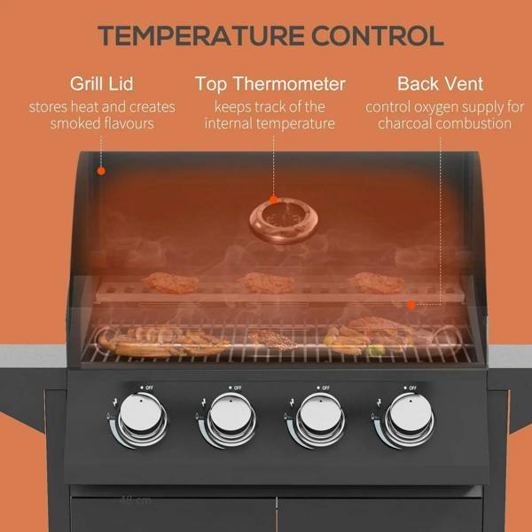 Black BBQ grill with lid open showing cooking area, top thermometer, and four control knobs