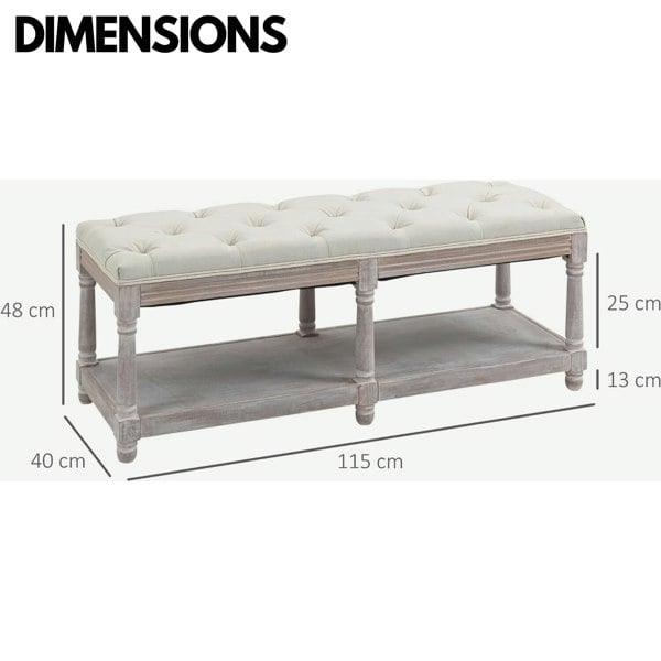 Rafaelo Mobilia Upholstered Wooden Bench Seat With Shelf Cream White