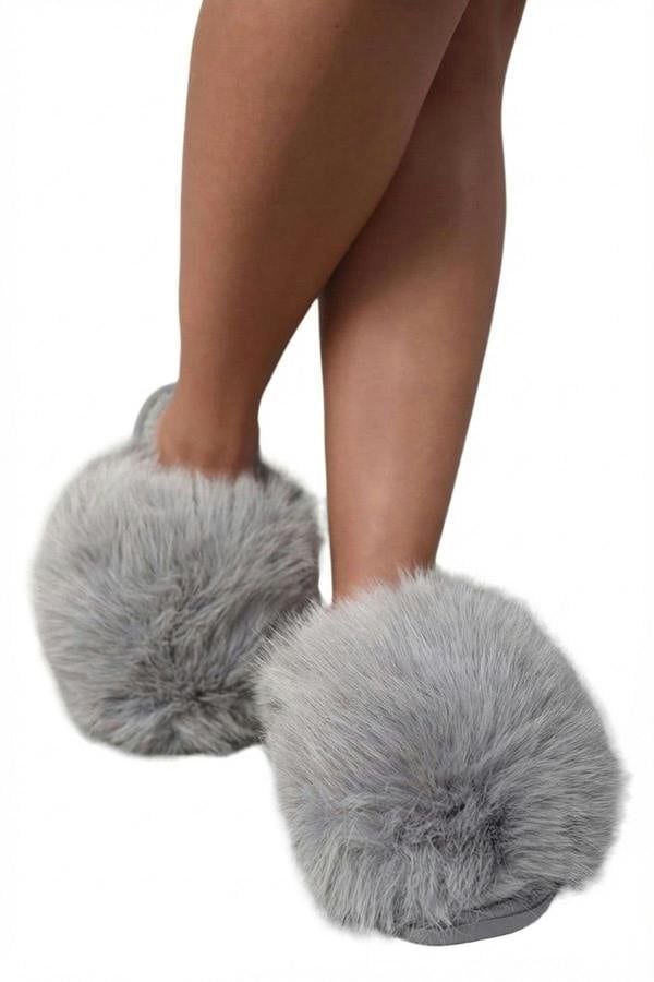 Mildred Fluffy Faux Fur Winter Sandals - Grey_wb