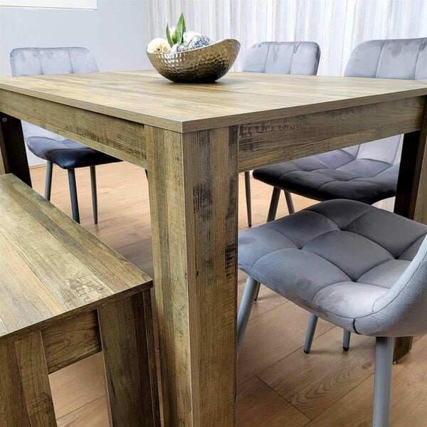 Kosy Koala Modern Rustic Dining Table Set ? Wooden Table with 4 Grey Velvet Chairs and Bench - Dining Furniture Set